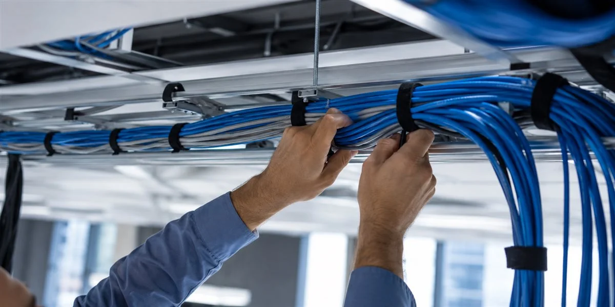 Network cabling installation and routing in office ceiling
