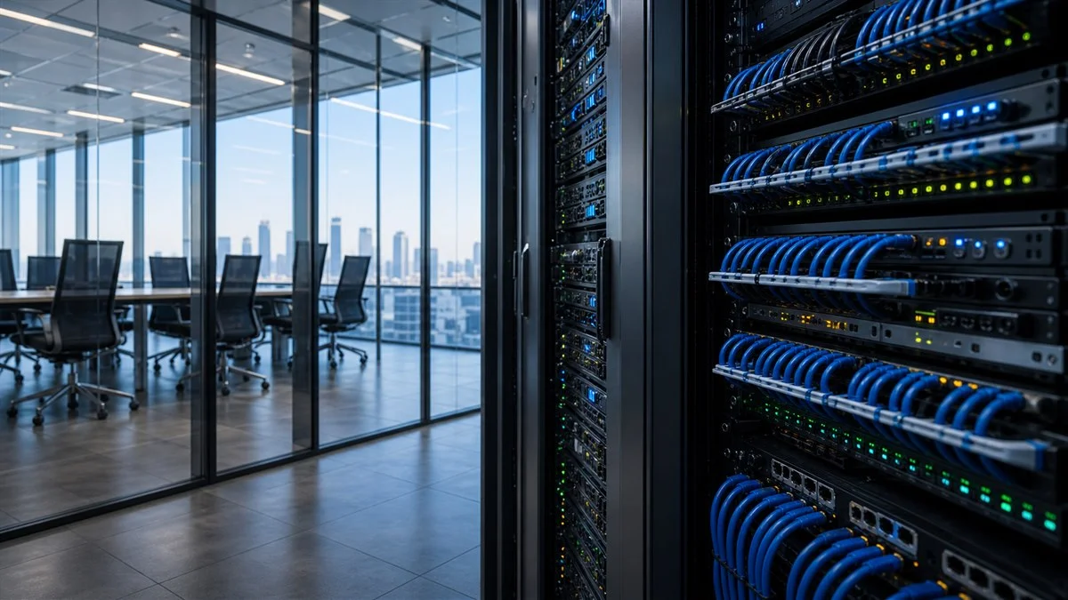 Organized server rack with patch panels in an office network setup