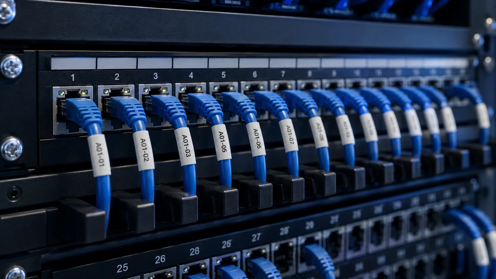 Labeled network cables and patch panel port marking for office infrastructure