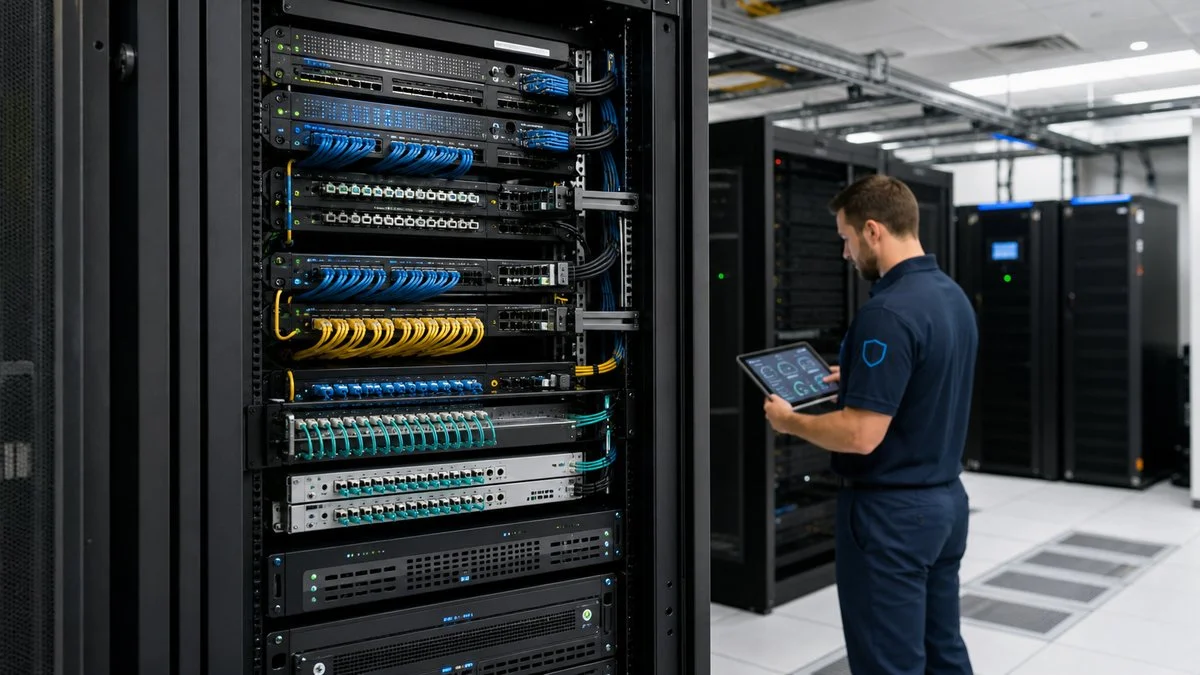Organized server room with rack, cooling and UPS in an office space