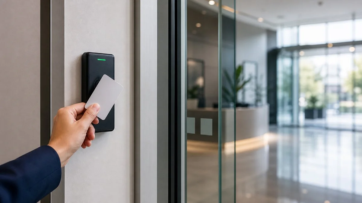 Employee tapping an RFID keycard on an access control reader at a building entrance
