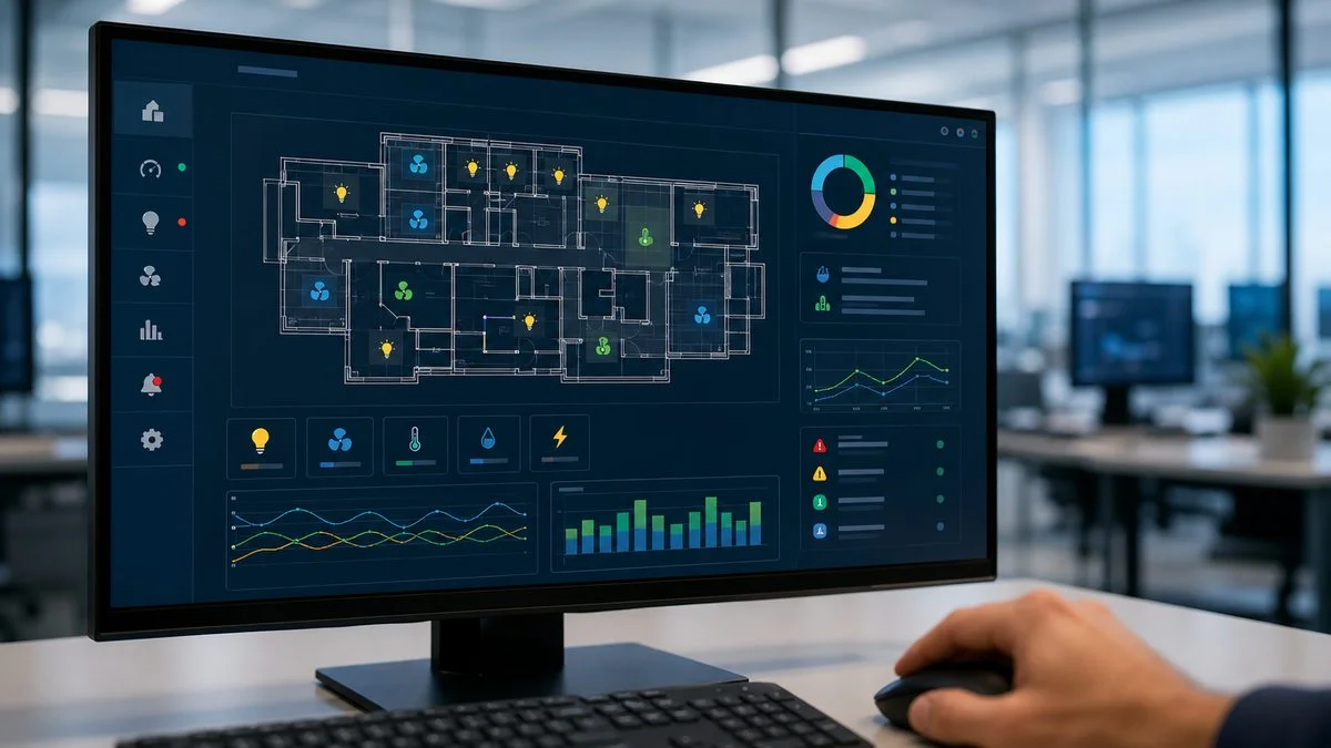 Dashboard BMS με κάτοψη κτιρίου, ζώνες φωτισμού και γραφήματα κατανάλωσης