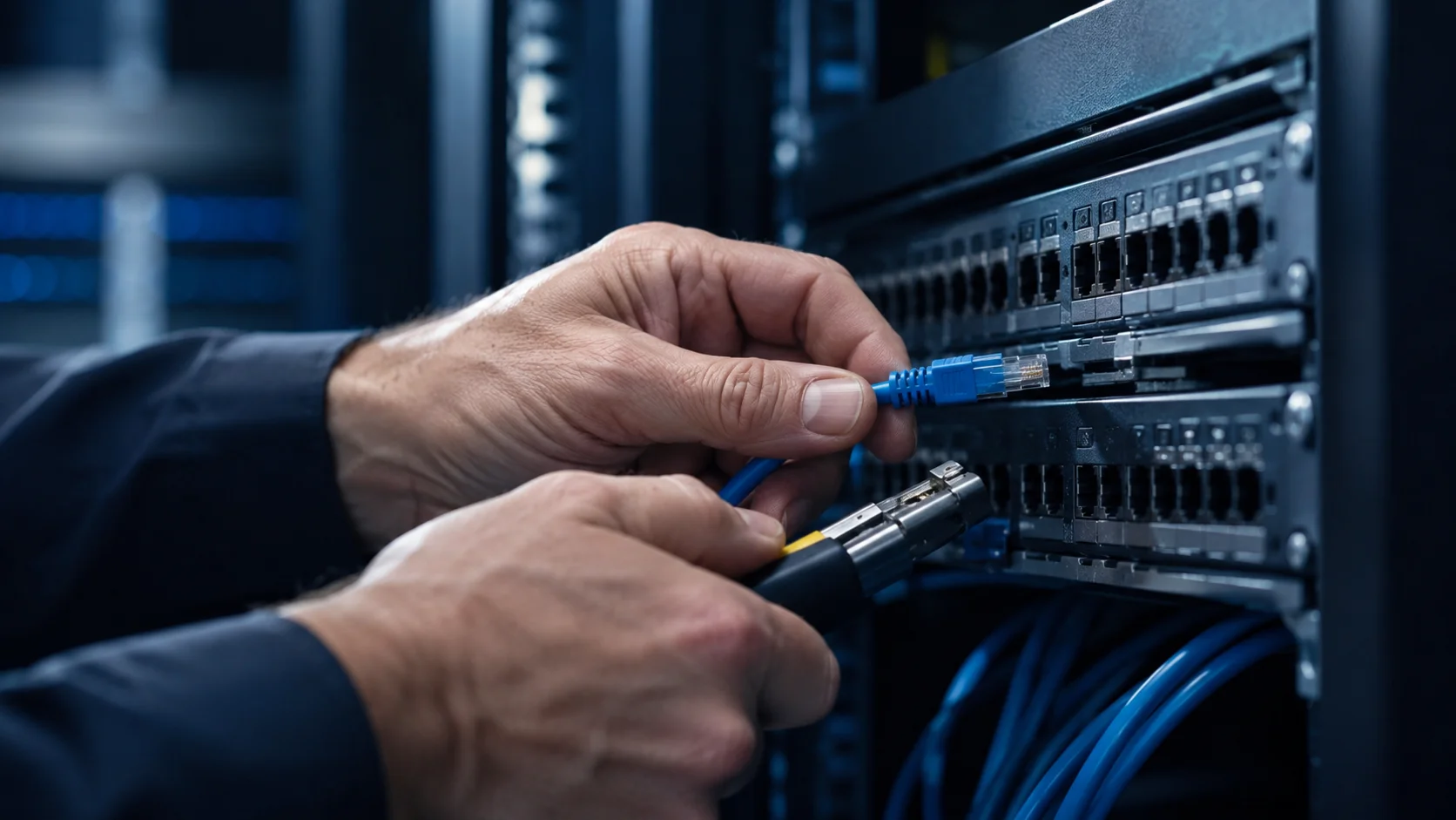 Τεχνικός τερματίζει καλώδια σε patch panel μέσα σε rack γραφείου