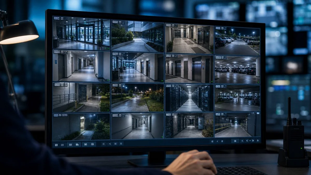Οθόνη ελέγχου με πολλαπλές κάμερες CCTV εισόδων, διαδρόμων και parking